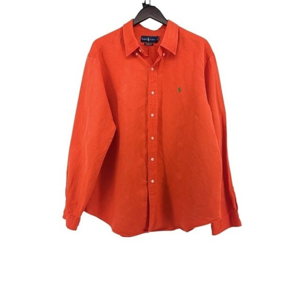 Ralph Lauren Men XXL Orange Linen Silk Classic Fit Button Down Shirt Long Sleeve